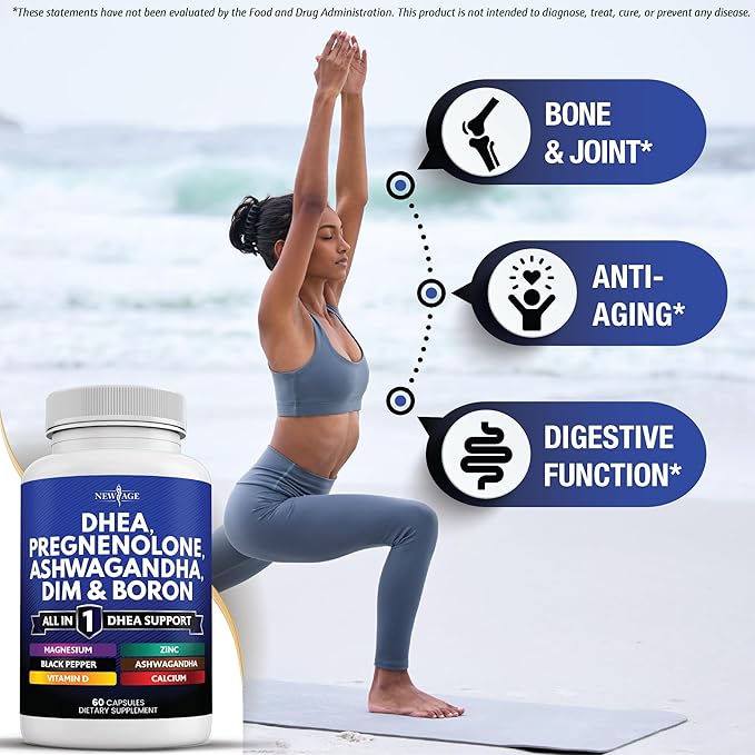 NEW AGE DHEA Supplement - Pregnenolone for Men &amp Women with DIM Ashwagandha Boron Calcium Magnesium Zinc Vitamin D3 5000iu - Support Capsules - 60 Count