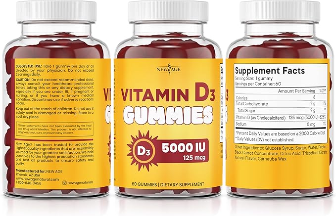NEW AGE Vitamin D3 5000 IU 125mcg Gummies - Immune Supplement - Non-GMO Gluten-Free Dairy-Free No Gelatin (180 Gummies (Pack of 3))