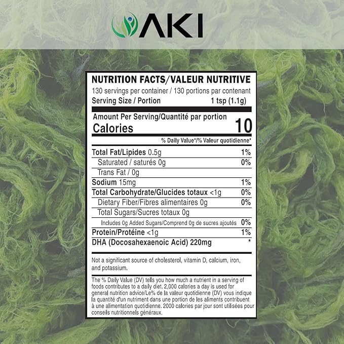 AKI Omega 3 DHA Micro Algae Powder Supplements - Plant Based Keto Vitamin - Alternative to Fish or Krill Oil - Vegan &amp Non-GMO (4.58oz/130g)