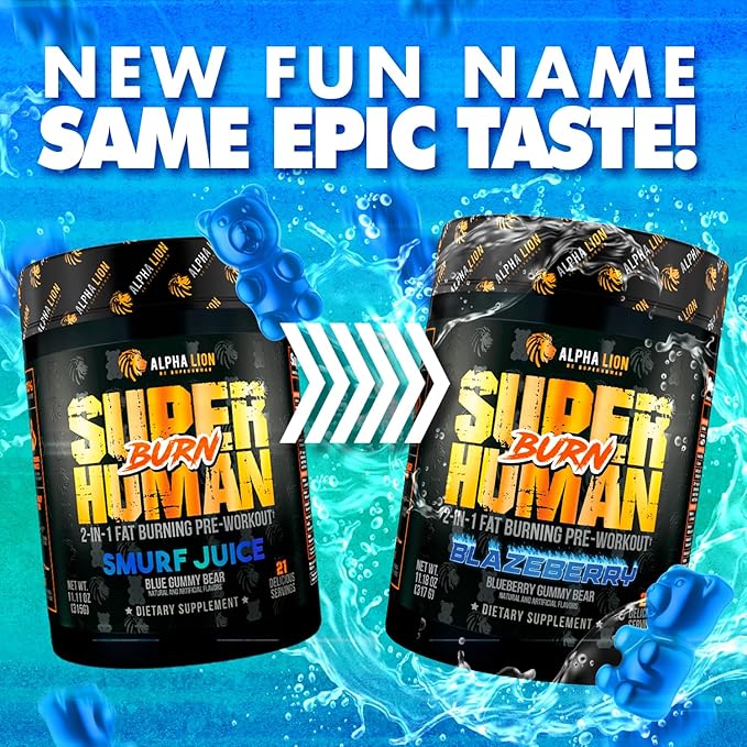 ALPHA LION Superhuman Burn – 2 in 1 Metabolism Booster Pre Workout and Thermogenic Fat Burner for Men – Appetite Suppressant and Weight Loss Supplement (21 Servings Blue Gummy Bear Flavor)
