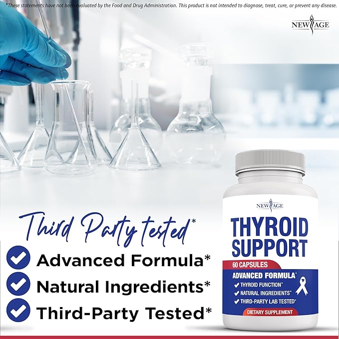 NEW AGE Thyroid Support Supplement for Women &amp Men with Iodine B12 Zinc Selenium Ashwagandha Bladderwrack Turmeric Schisandra - Non-GMO - 120 Count