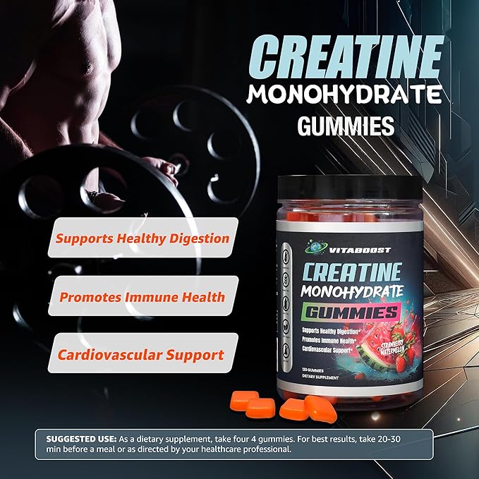 VitaBoost Creatine Gummies 5g- Natural Creatine Monohydrate for Men &amp Women- Delicious Strawberry Watermelon Flavor- Boost Strength Energy &amp Muscle Growth- Vegan Pre Workout Gummies- Made in