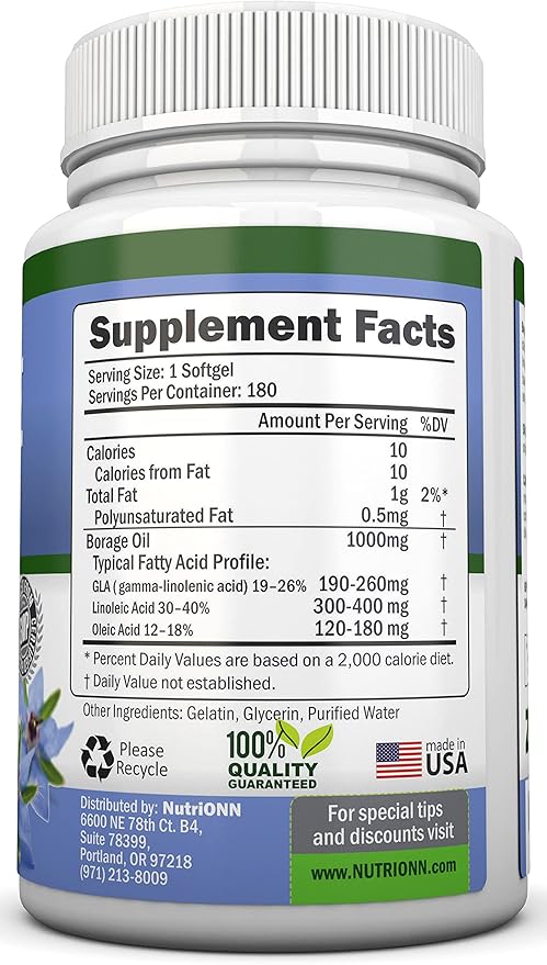 Borage Oil - 1000 mg - 180 Softgels - Cold Pressed High GLA Borage Seed Oil - Hexane and PA Free - Great for Skin Hair and Bones.