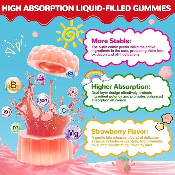 Kids Calcium Gummies with Vitamin D3: Sugar Free Chewable Kids Calcium Citrate plus Vitamin D3 K2 Magnesium Zinc Multivitamin Omega 3 - Growth Digestive Development Support Non-GMO(120Count)