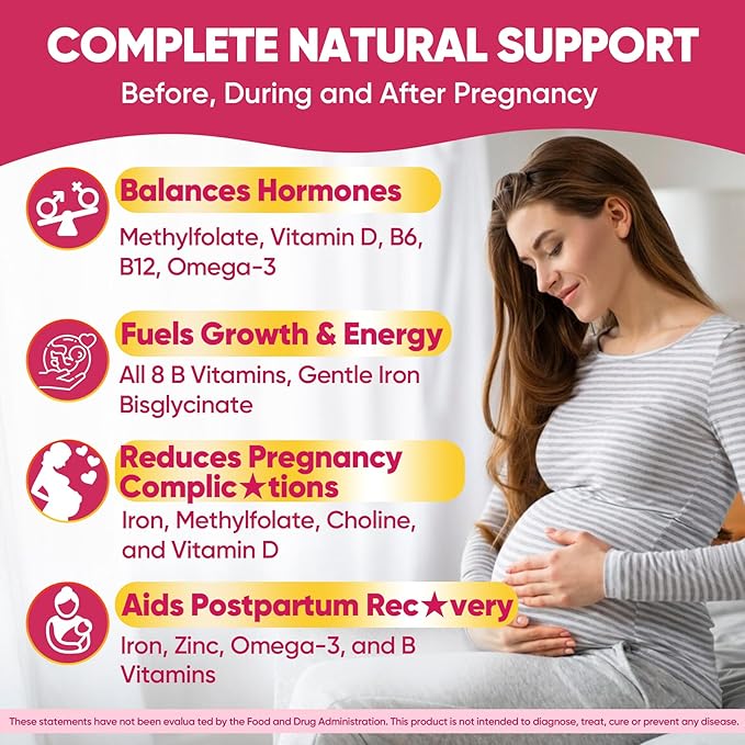 Prenatal Vitamins for Women Gummies Methylfolate 1mg Vegan Omega 3 DHA 800mg Iron Choline Iodine Vitamin D3 B6 B12 - Multivitamin for Women Before During &amp After Pregnancy Sugar Free 60 C