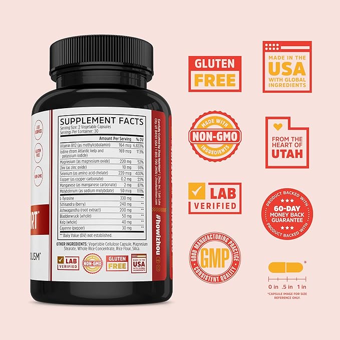 ZHOU Thyroid Support - Thyroid Supplement for Women &amp Men with Zinc Iodine &amp Selenium Cellular Energy Thyroid Complex with Ashwagandha Kelp - 60 Veggie Capsules (Pack of 1)