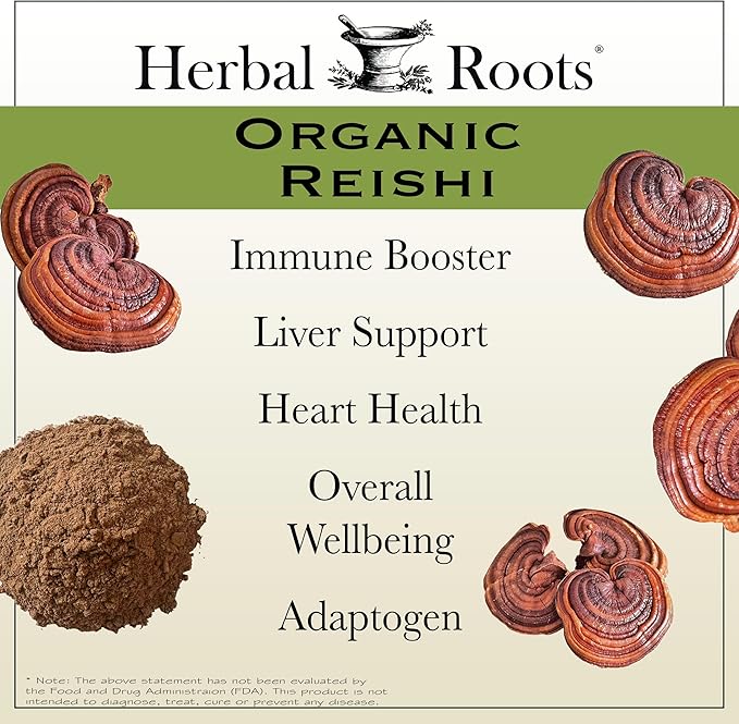 Herbal Roots Organic Reishi Mushroom Capsules - Made with Fruiting Bodies - Support Energy Vitality Immune &amp Heart Health - 60 Vegan Capsules