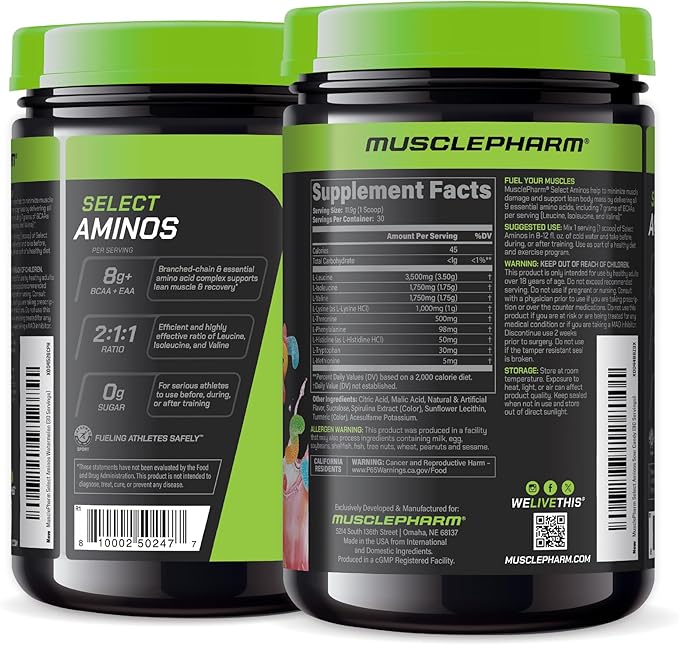 MusclePharm Select Amino's EAA + BCAAs Post Workout Essential Amino Acids Powder Pre Workout Energy Supplement for Men &amp Women with Branched Chain Amino Acids 30 Servings (Sour Candy)