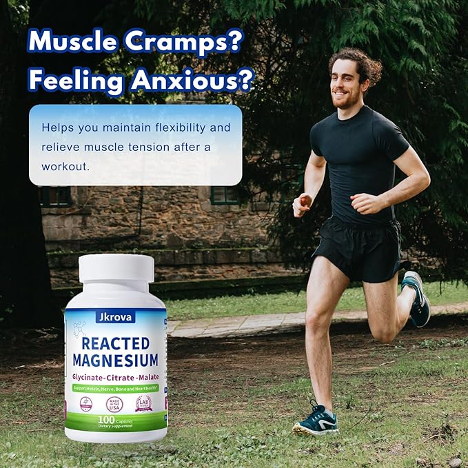 Reacted Magnesium &amp Potassium - High Absorption Magnesium Supplement with Magnesium Citrate Glycinate Malate - Supports Sleep Muscles Heart Health - 100 Capsules