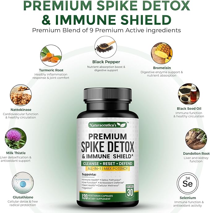 9-IN-1 Premium Spike Detox Wellness Formula – 8X Potency Nattokinase Bromelain Curcumin Milk Thistle for Spike Support Immune &amp Antioxidant Support Liver &amp Heart Health support –120 Veg.