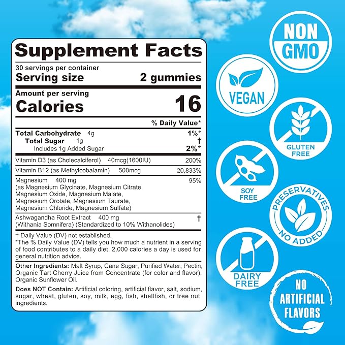 Magnesium Complex Gummies 400mg | as 8 Forms of Magnesium Glycinate Malate Citrate Taurate Oxide &amp More | w/Ashwagandha Extract D3 &amp B12 Supports for Calm Zzz Mood Muscle Cramp - Vegan