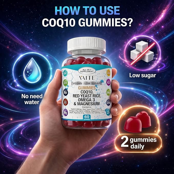 CoQ10 200mg Gummies with Red Yeast Rice &amp Magnesium Glycinate – Omega-3 Zinc and Vitamin K2+D3 for Overall Health – Supplements for Adults – 60 Chewable Gummies