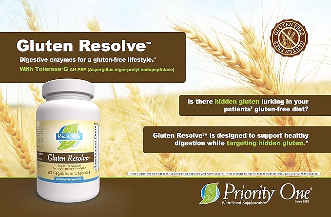 Priority One Vitamins Gluten Resolve 90 Vegetarian Capsules - Digestive Support for a Gluten Free Lifestyle.* Tolerase®G is scientifically Proven to Digest proline-Rich Gluten epitopes.*