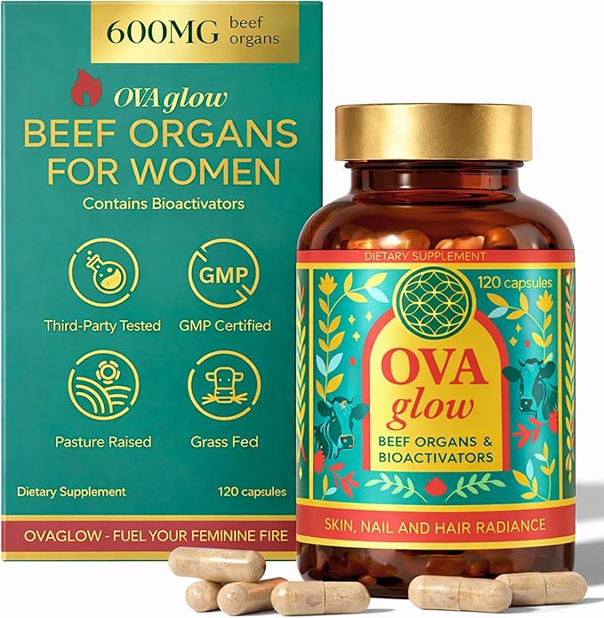 Beef Organs for Women - 100% Grass Fed Pasture Raised in New Zealand - 120 Caps - Collagen Blend featuring Placenta Bone Marrow Thymus Amla Astaxanthin MSM Pearl Powder &amp Bamboo Silica