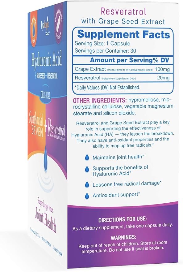 Hyalogic Synthovial Seven Hyaluronic Acid Liquid &amp Resveratrol Capsules - HA Joint Support - Vegan - 1 oz