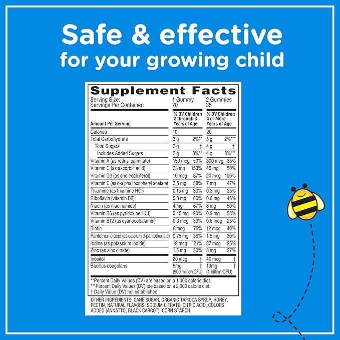Zarbee's Kid's Complete Multivitamin + Probiotic Gummies with Vitamins A B C D E &amp zinc for Digestive Health Easy To Chew Kids Daily Multivitamin Gummies Natural Fruit 70 Count