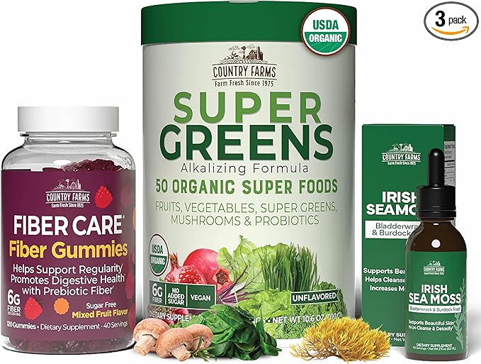 COUNTRY FARMS Super Greens Natural &amp Fiber Gummies with Bonus Sea Moss Tincture Natural Energy Support Digestive Health Supports Regularity Bundle Pack