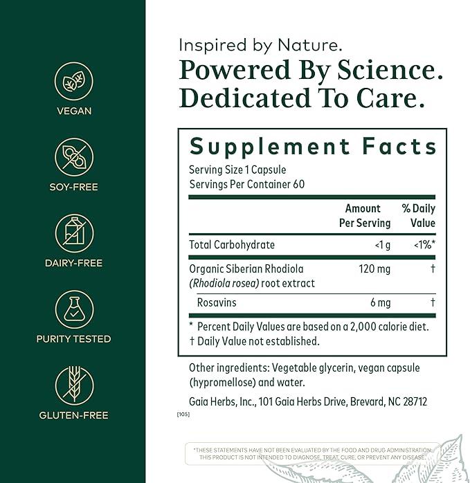 GAIA HERBS PRO Rhodiola - Energy Support Supplement - Adaptogen Support Supplement with Rhodiola Root Extract - Vegan Gluten-Free Soy-Free - 60 Phyto-Caps (30 Servings)
