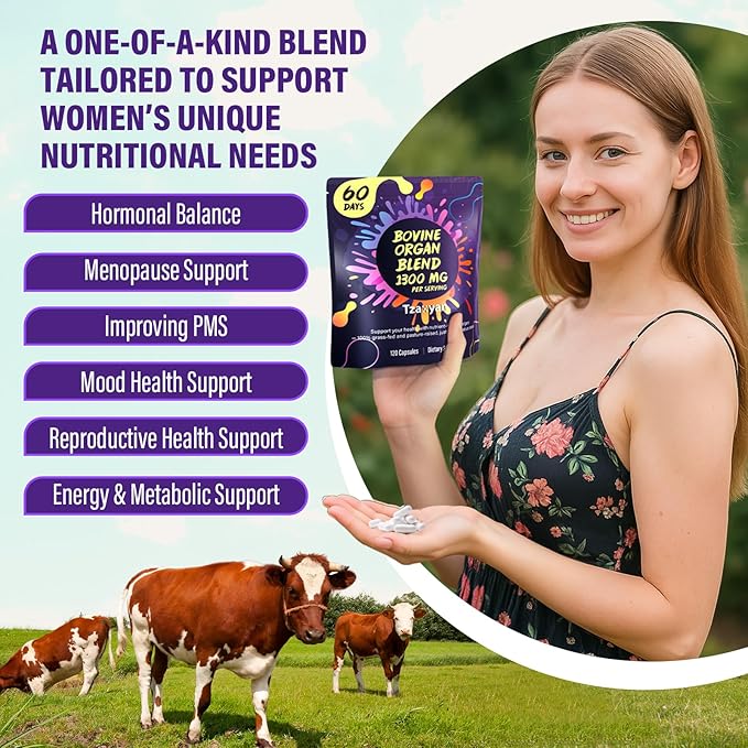 1300MG Beef Organ Supplement for Women 100% Grass Fed Beef Liver Uterus Ovary &amp 3 More Bovine Organ Capsules for Supports Women's Overall Endocrine Balance Energy Immunity 60 Days
