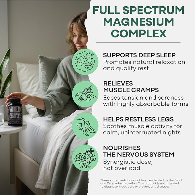 Wild Foods Magnesium Complex Supplement with 7X Forms 90 Capsules | High Absorption Full Spectrum Easy Digestion | 500mg Glycinate Bisglycinate Malate Orotate Citrate Taurate