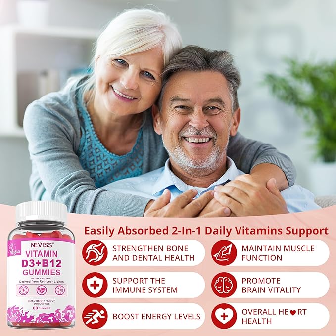 NEVISS Vegan Vitamin D3 + Vitamin B12 Gummies High Potency D3 5000IU &amp 1000 mcg Methylated B12 Vitamin D3 and B12 for Adults Support Bone Health Immune &amp Energy Supplement 60 Count