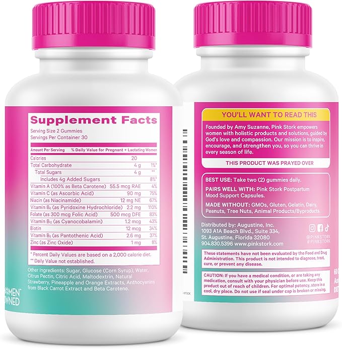 Pink Stork Total Postnatal Vitamin Gummies - Multivitamin for Postpartum Recovery and Lactation Support - Folic Acid B6 and Vitamin C - Postpartum Essentials - 60 Gummy Vitamins