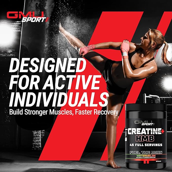 GMU SPORT Creatine HMB Powder – 45 Servings – 5g Creatine Monohydrate + 3g HMB + Piperine – Muscle Growth Strength &amp Recovery – Watermelon