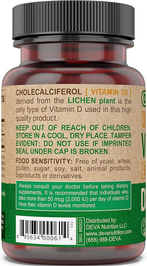 DEVA Vitamin D3 5000 IU Sunshine Supplement 125 mcg of Vegan D3 90-Count Bottle