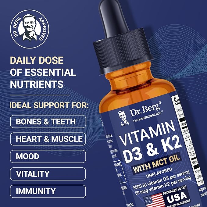 Dr. Berg Maximum Strength Vitamin D3 K2 Liquid Drops with MCT Oil – 5000 IU Liquid Vitamin D3 with K2 – Supports Strong Bones Heart Energy Immunity and Overall Vitality* - Unflavored 1 Fl Oz