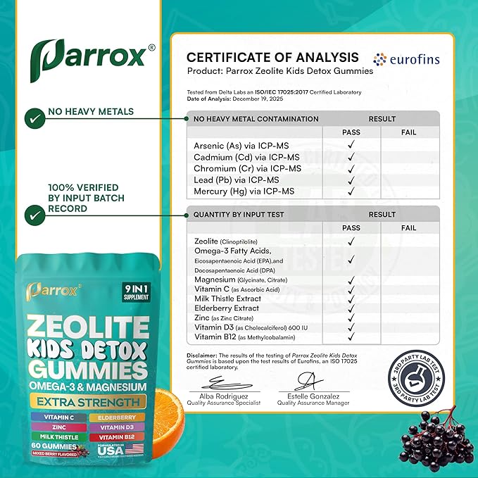 Zeolite Kids Gummies 9-in-1 with Zeolite Omega-3 Magnesium Elderberry Vitamin C Milk Thistle Vitamin D3 Zinc B12 – Sugar-Free (60 Gummies – Mixed Berry Flavor)