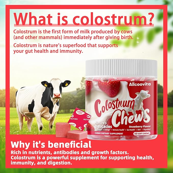 Bovine Colostrum Chews Supplement with probiotics for Gut Health Bloating Immune Support Skin Hair Growth and Beauty - Strawberry Flavor (60 Servings)
