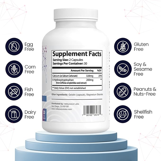 5-HTP - 200mg 5HTP Supplement (5-Hydroxytryptophan) to Support Mood Plus Sleep* Stress Relief* 60 Capsules - 30 Day Supply Made in USA