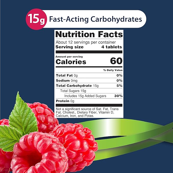 TRUEplus Glucose Tablets Chewable Raspberry Flavor 15g Fast-Acting Carbohydrates Fat Free Gluten Free Raise Low Blood Sugar and Boost Energy 50 Count 12 Bottles