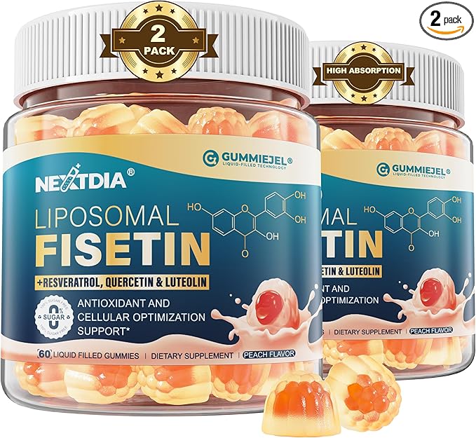 Liposomal Fisetin Complex Gummies - Healthy Aging &amp Cellular Renewal Support - 98% Purity Fisetin Supplement w/Trans-Resveratrol Quercetin Luteolin Vitamin C &amp E 1-A-Day Vegan 120 Serving
