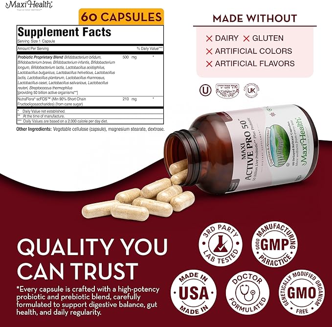 Maxi Health Probiotic Plus Ultimate Prebiotic Advanced Live Probiotics Formula - 50 Billion Live Active Probiotic - 15 Strains - Ultra Protection - Active Pro-50-60 Count