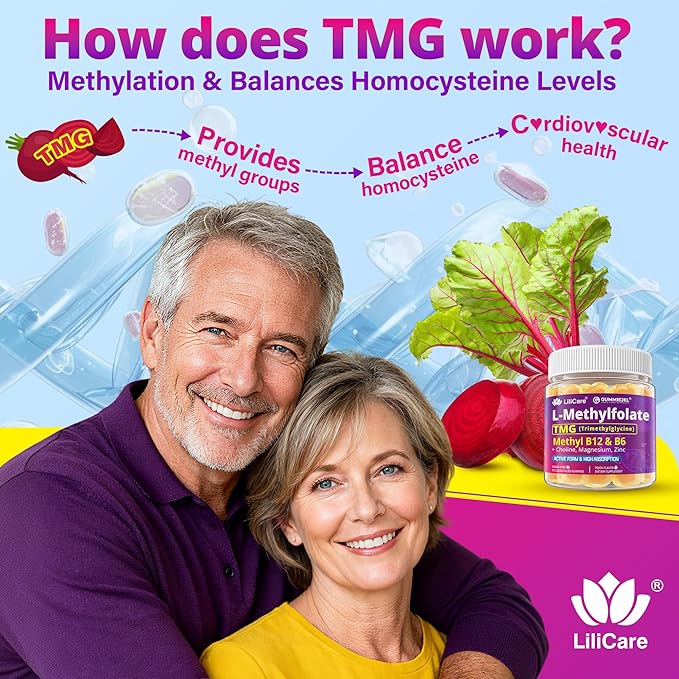 L-MethylFolate 15mg 7.5mg &amp B12 1000 mcg Gummies Methylated B Complex + TMG Magnesium Choline - Active 5-MTHF(B9) + Methyl B12 B6 Multivitamin - Methylation Cognition Mood Sugar Free 2 Pa