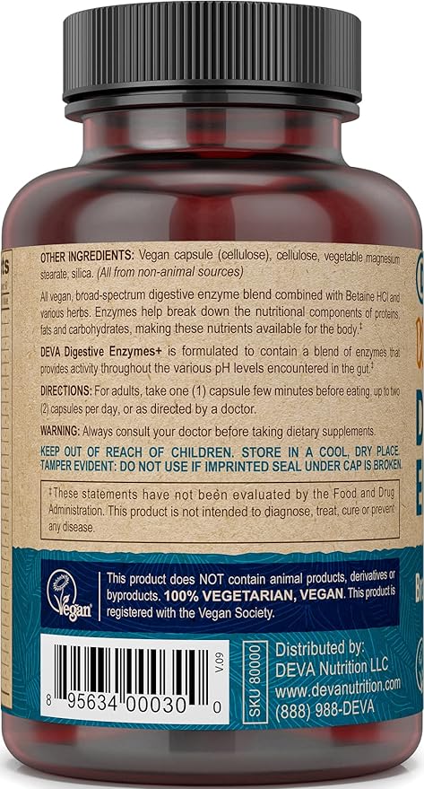 Deva Vegan Vitamins Digestive Enzymes Plus Supplement - A Unique Blend of Enzymes &amp Herbs - 90 Capsules 1-Pack