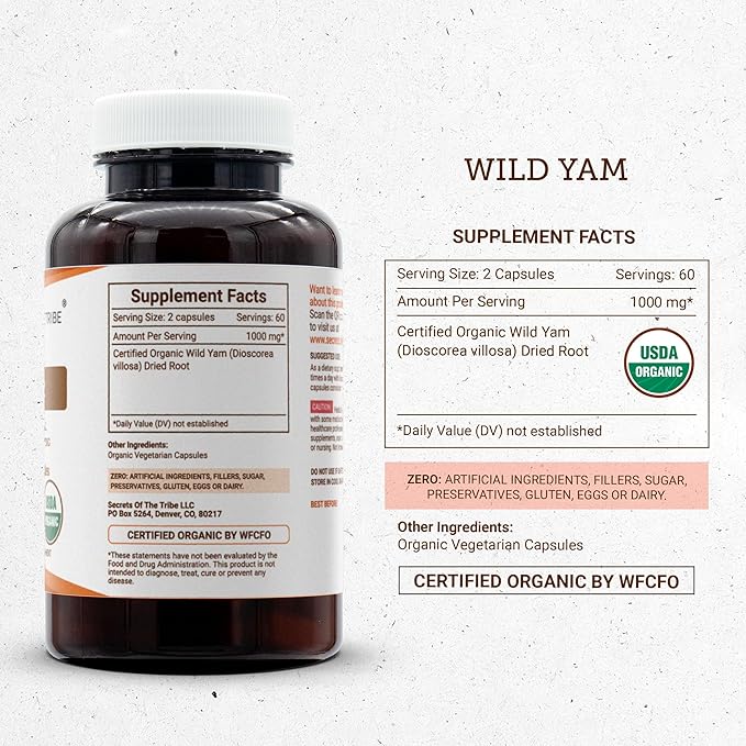 Secrets of the Tribe Wild Yam USDA Organic 120 Capsules | Made with Organic Vegetarian Capsules and Responsibly farmed Wild Yam (Dioscorea Villosa) Dried Root (120 Capsules)