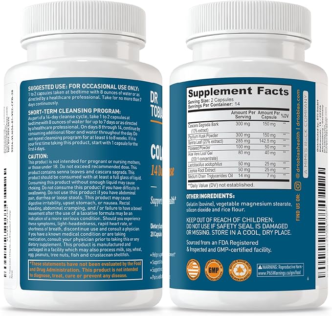 Dr. Tobias Colon Cleanse - Constipation Relief &amp Gut Health Support for Women &amp Men | 14 Day Colon Cleanser for a Gentle Colon Detox &amp Gut Flush - 4 Bottles of 28 Capsules