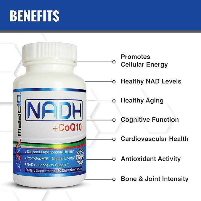 MAAC10 NADH + CoQ10 Chewable Tablets (3-Pack - 180 Tablets) | 50mg PANMOL® NADH + 100mg CoQ10 Supports Fatigue Energy and NAD+ Non-GMO Gluten Free Vegetarian (3 Month Supply)