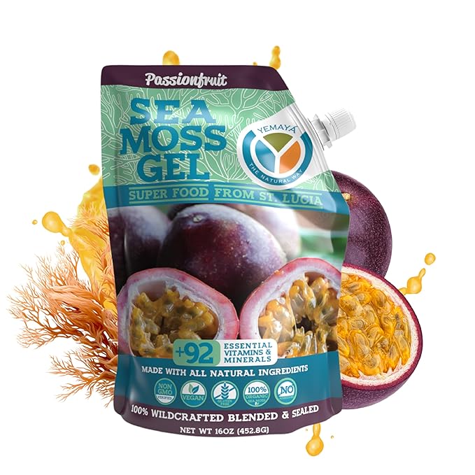 Yemayá Organic Sea Moss Gel Organic Raw | Wildcrafted Sea Moss Gel Enhanced with Real Fruit Boost Immunity Energy Digestion Hair Skin &amp Nails - 16 oz Passionfruit Flavor