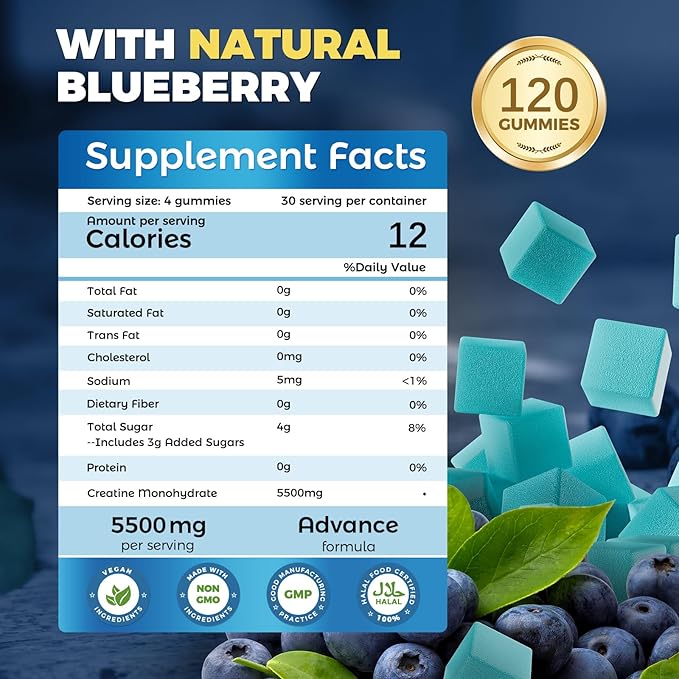Creatine Monohydrate Gummies 5500mg for Men and Women120 Count Chewable Creatine Monohydrate Gummies for Muscle SupportEnergy Refresh Supplement Blueberry Flavored