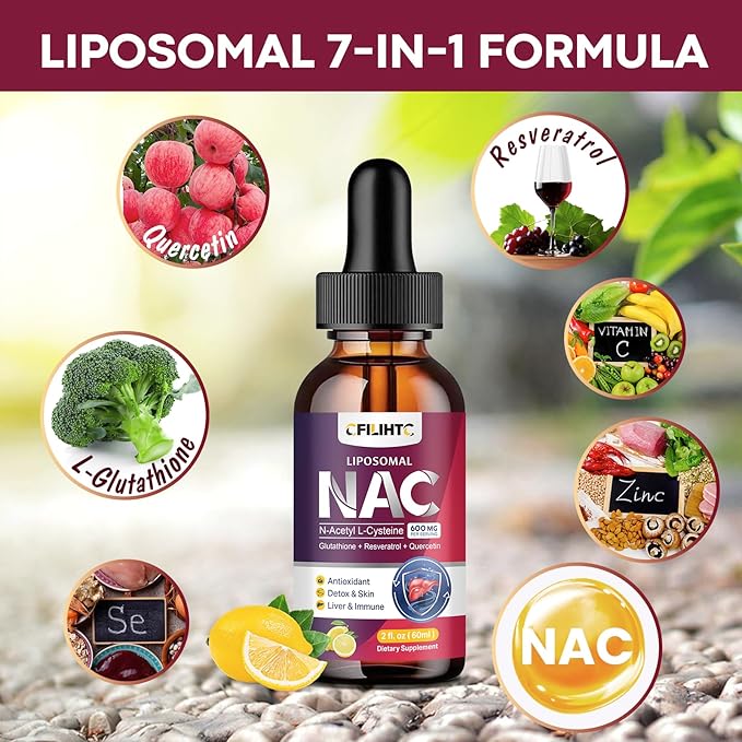 Liposomal Liquid NAC Supplement N-Acetyl Cysteine Drops N Acetyl Cysteine 600mg with Glutathione Resveratrol &amp Zinc for Adults &amp Kids Liver Lung Antioxidant Immune &amp Skin Health Lemon 2