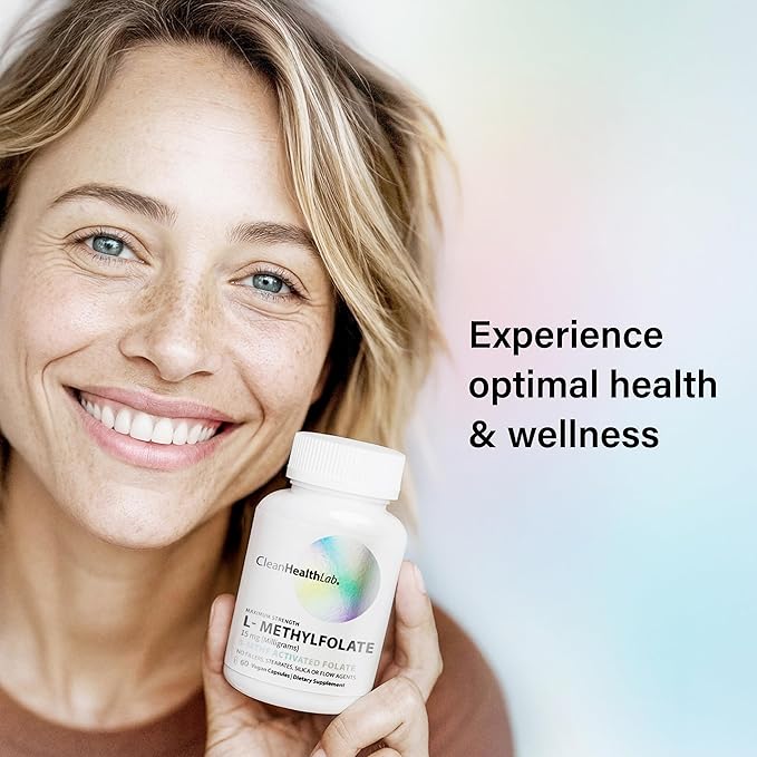 CleanHealthLab L-Methylfolate 15mg 5-MTHF Active Folate - Maximum Potency Methylated Vitamin B9 Supplement - Support for Brain Health Energy Nerves and Methylation with No Fillers (60 Count)