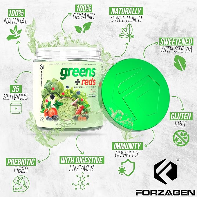 Forzagen Vegan Greens &amp Reds Superfood Powder - Organic Super Greens Powder | Premium Veggie Powder Supplement | 35 Servings Reds and Greens Superfood Powder
