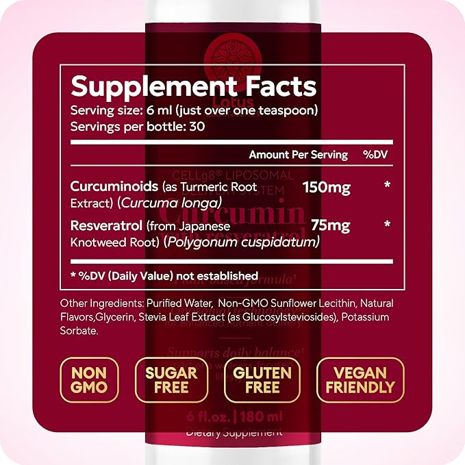 Liposomal Turmeric Curcumin with Resveratrol Liquid for Joint Support Inflammation &amp Healthy Aging – Fast-Acting Curcumin Complex with CELLg8 High Absorption Vegan Non-GMO – 30 Servings 6 fl