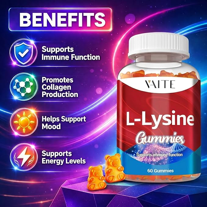 VAITE L-Lysine 1000mg Gummies - Supports Skin Lip Vegan Gluten Free Vitamins for Adults Tissue Health &amp Immune System Chewables Amino Acid Vitamin Supplement &amp Complex Supplements Non-G