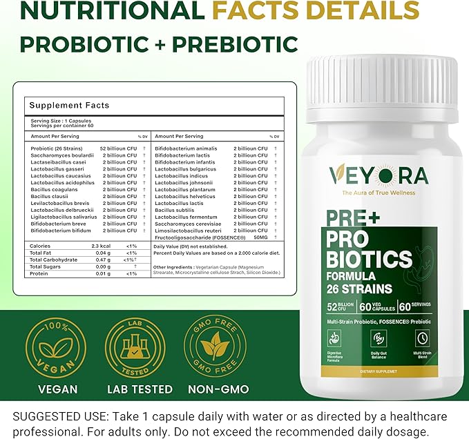 26-Strain Pre + Probiotic Capsules 52 Billion CFU FOSSENCE® Prebiotic Fiber Blend