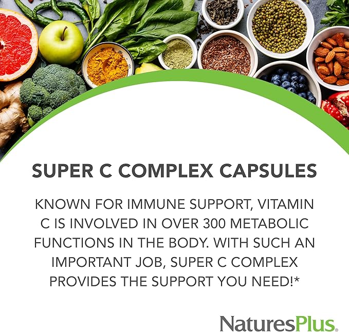 NaturesPlus Super C Complex - 180 Capsules Pack of 2 - with 1000 mg Vitamin C &amp 500 mg Bioflavonoids - Vegan Gluten Free - 180 Total Servings