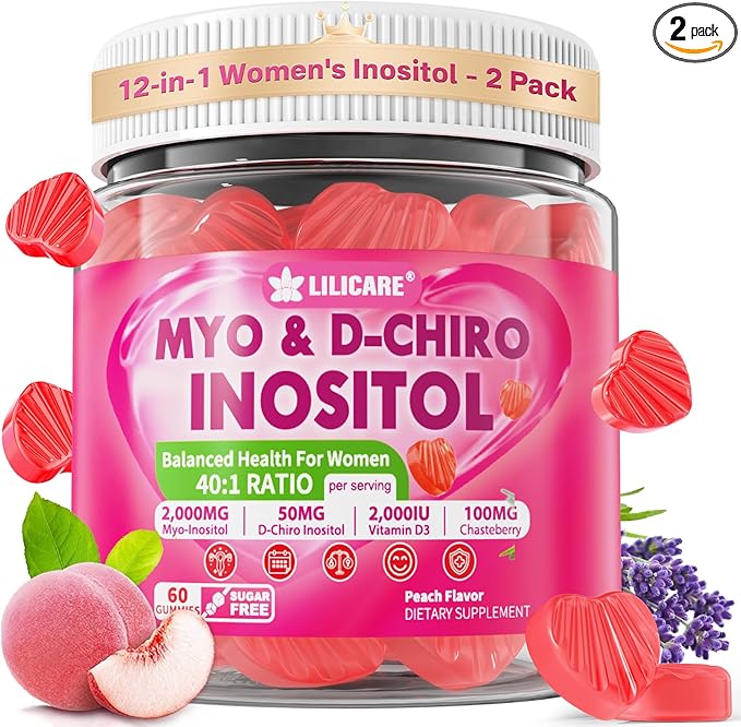Inositol Gummies for Women + Chasteberry Myo-Inositol &amp D-Chiro Inositol 2000mg + 50mg Ideal 40:1 Ratio with Methylated B12 &amp Folate Choline Magnesium Vitamin D3 for Overall Health Pack o